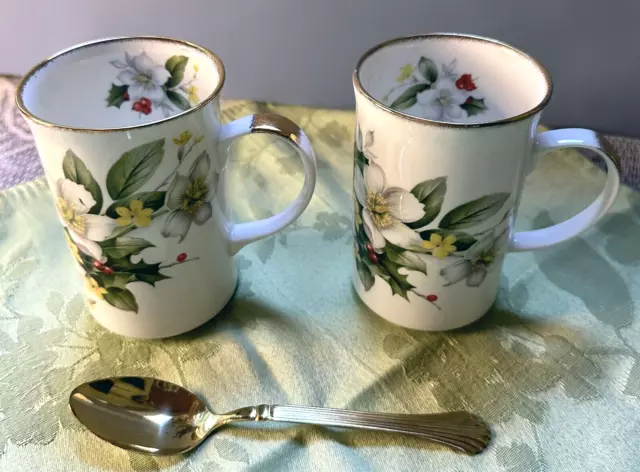 St. George Coffee/Tea Cups, Fine Bone China, England White Flower/Holly Berry(2)