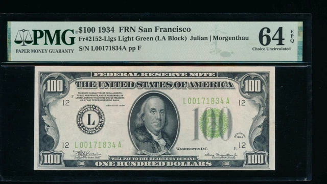 AC 1934 $100 San Francisco FRN PMG 64 EPQ Light Green Seal LGS Fr 2152-L