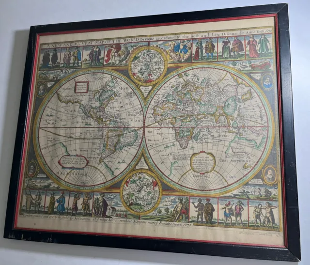 Antique WORLD MAP Framed 17" x 14-1/2" by Overton  London