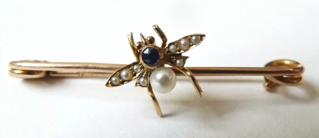 mouche abeille Broche OR  9k + perle + saphir Bijou ancien gold brooch insect