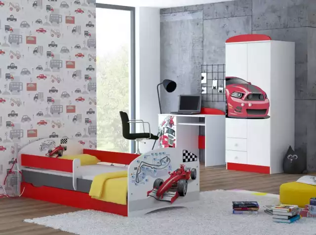 3 pcs CHILDREN FURNITURE SET BED WARDROBE DESK red cars boy set fire engine