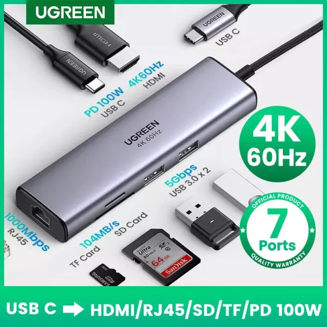 Ugreen 7 in 1 USB C HUB Adapter to USB 3.0 HDMI 4K 60Hz PD for Laptop Mac Dell