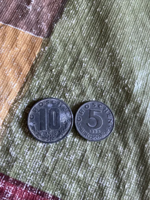2 Coins Austria 1949 10 Groschen, 1955 5 Groschen