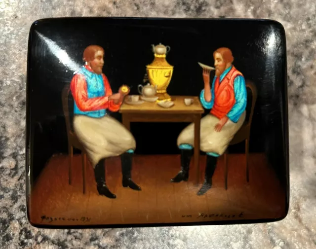Beautiful Fedoskino Russian Hand Painted Lacquer Box “Tea Party” Arzhanova