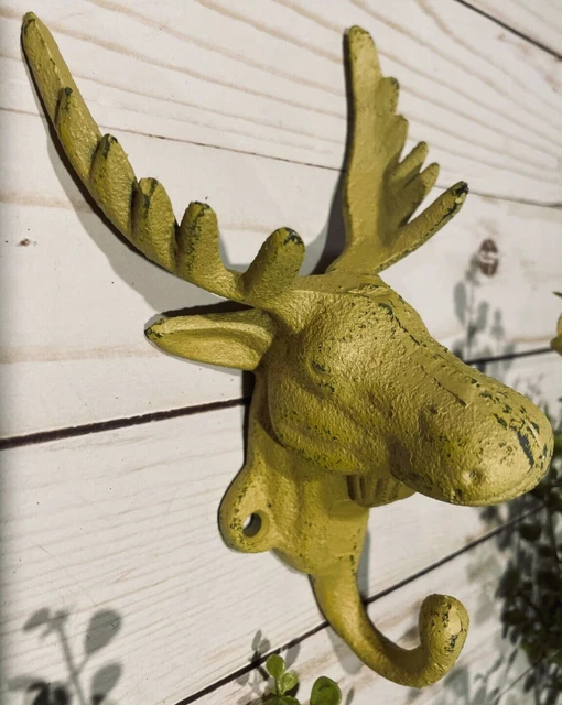 Cast Iron Moose Elk Deer Head Antler Bust Wall Mount Hook Metal Decor Hanger Tan