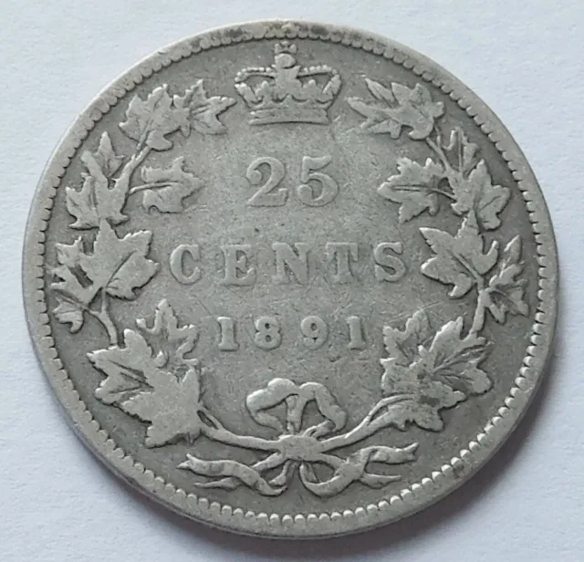 1891 Canada 25 Cents VG, Better Date Victoria Silver Canadian 25C Coin