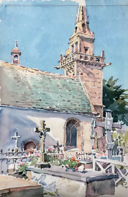 Aquarelle Ancienne, l'Eglise de Locquirec, Bretagne, XXe