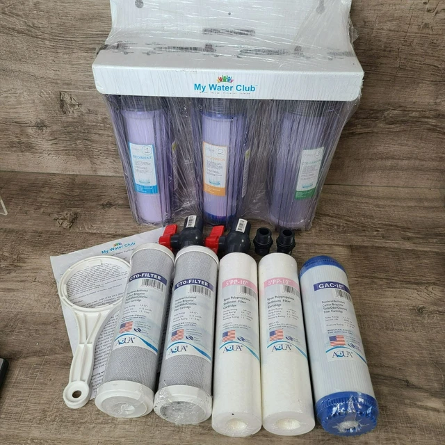 Sistema de filtración de agua MyWaterClub de 3 etapas Whole House, puerto de 3/4"", 2 válvulas