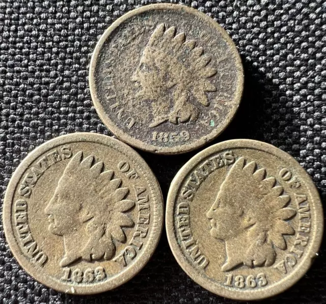 Lot of Three Indian Head CN Cents 1859-1863 *Ungraded*With Detail and Eye Appeal