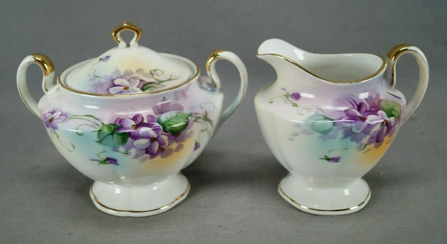 Nippon Hand Painted Purple Violets & Gold Creamer & Sugar Circa 1891-1921