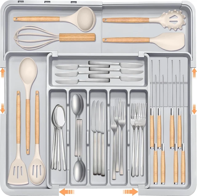 Organisateur De Tiroir Extensible - Plateau à Compartiments 3 à 7, Blanc, Plastique Lavable - Pour Ustensiles De Cuisine
