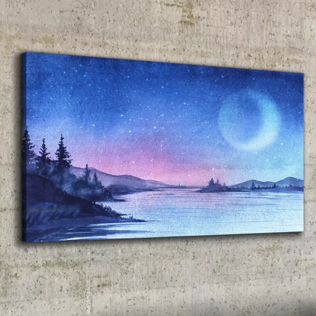 Stampa tela 100x50 dipinto alberi fiume cielo notte stelle luna decorazione arte da parete