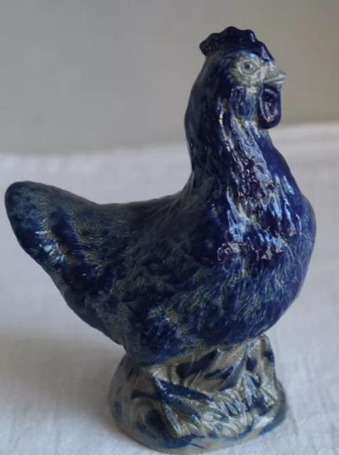 Vintage Eldreth Signed 2002 Salt Glazed Blue Gray Pottery Chicken Rooster Hen