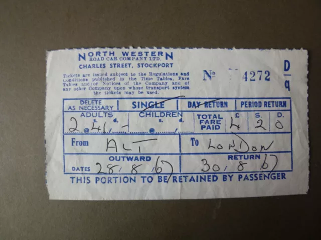 Rare North Western Road Car Company 1967 Long Distance Return Coach Ticket