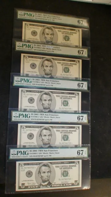 FIVE 2003 SAN FRANCISCO Five Dollar PMG GEM UNC 67 EPQ STAR NOTE $5 BILLS!