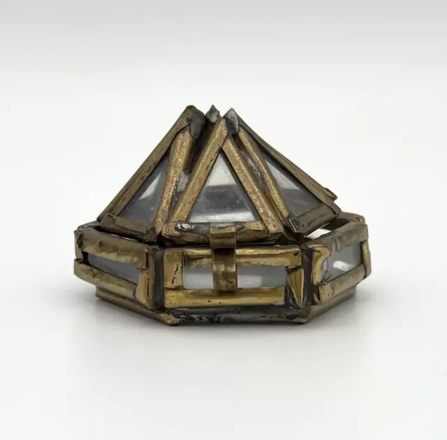Vintage Pillendose Antik Schmuckbox Pyramide Messing Glas Schatulle RAR #1746 2