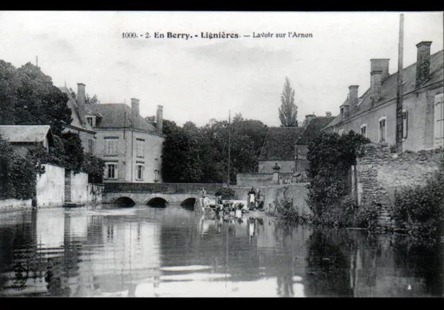 LIGNIERES (18) PONT , VILLAS & LAVANDIERES sur Bords de l'ARNON animé début 1900