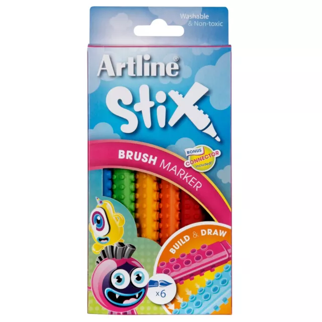 Artline Stix Build & Draw Washable Non-Toxic Brush Marker Pack of 6