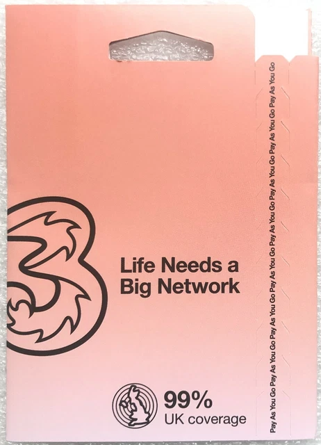three network new pay as you go supercharged sim card -- official 2022 pack