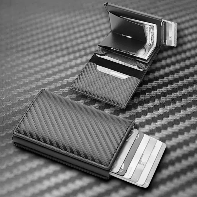 Mens Carbon Fiber RFID Blocking Leather Wallet Purse Slim Credit Card ID Holder