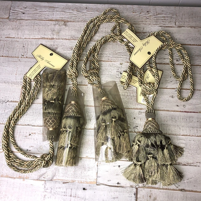 New Set of 4 Drapery Curtain Braided Tie Backs Tassels Gold / Green