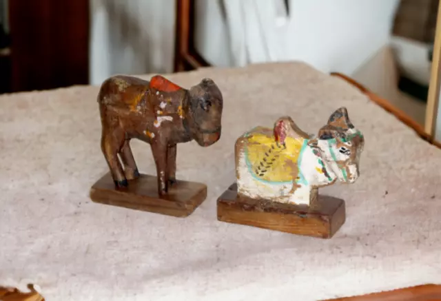 Vintage Wood Cow, Collectible, Hand Crafted Cow Statue Calf Nandi Figure