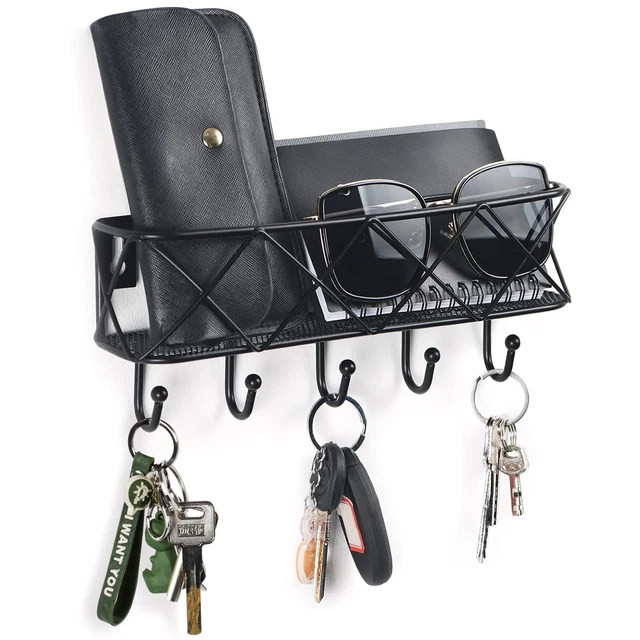 Wall Key Holder Decorative, Mounted Rack with 5 Hooks, Metal Wire Mesh