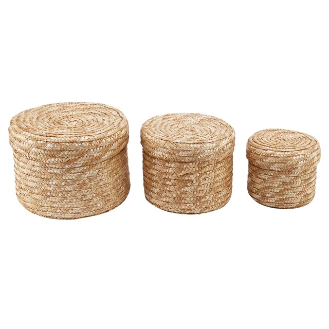 3 Pcs/Set Handmade Straw Woven Storage Basket With Lid Snack Organizer1260