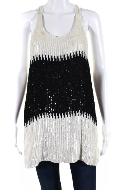 Parker Womens Silk Sequin Embellished Scoop Neck Tank Top Ivory Black Size XS