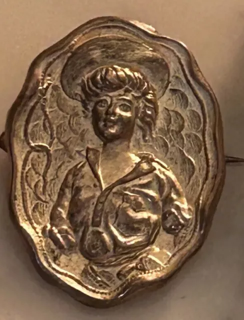 UNIQUE Antique Gibson Girl Ornate Maiden CAMEO Brooch Embossed Pressed Metal PIN