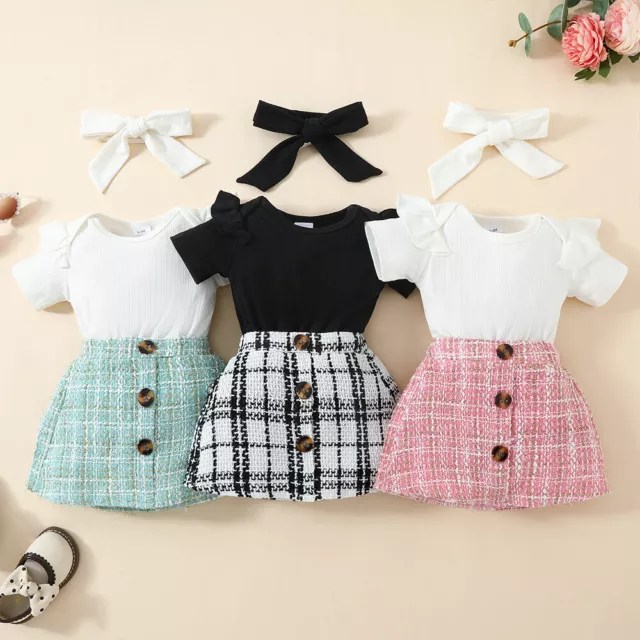 3Pcs Newborn Baby Girls Clothes Ruffle Romper Tops Skirts Dress Headband Outfits