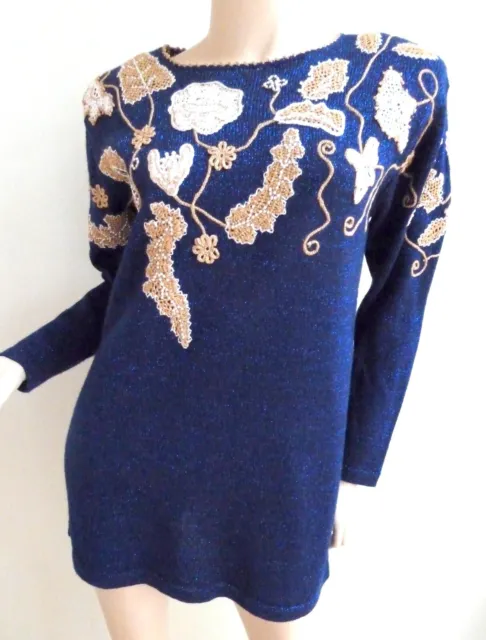 VTG JACLYN SMITH 80s Sweater Hand Embroidered Crochet Cobalt Blue Sparkly LARGE