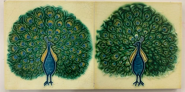 Tiles 2 Pc Set Dancing Peacock Saji Japan Rare Antique Vintage Collectible