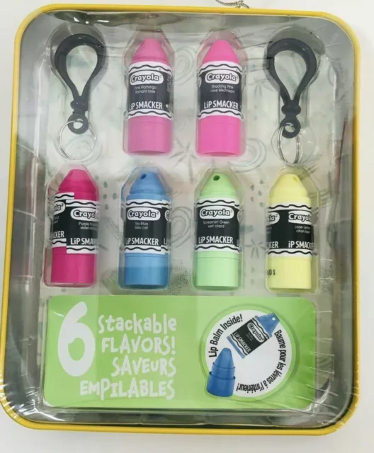 Crayola Lip Smacker Mini Lip Balms 6 Stackable Flavors In Tin, 2 Keychain Clips