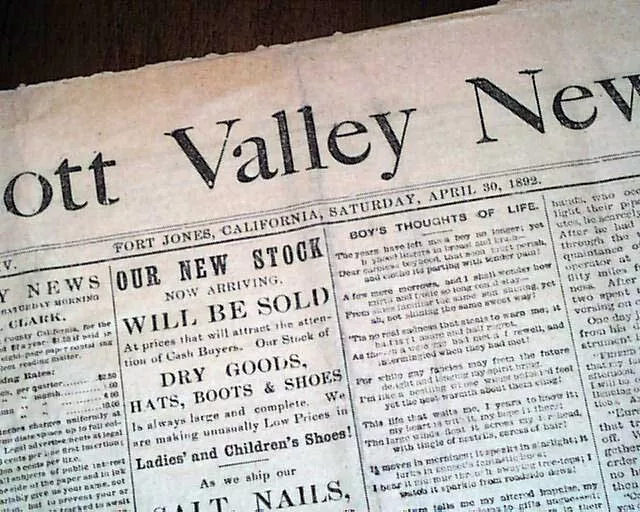 Rare FORT JONES Siskiyou County Scott Valley Northern California 1892 Newspaper