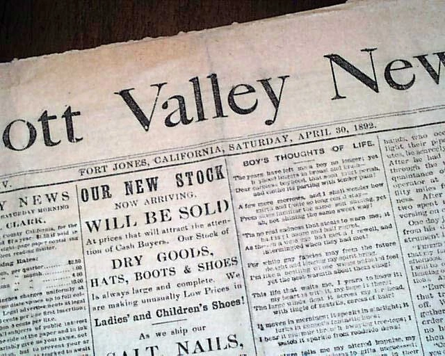 Rare FORT JONES Siskiyou County Scott Valley Northern California 1892 Newspaper