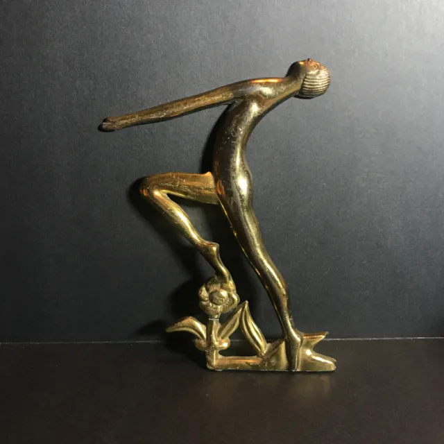 VTG Art Deco Woman With Arched Back Flower Metal Brass Decor Figure  6 x 5"