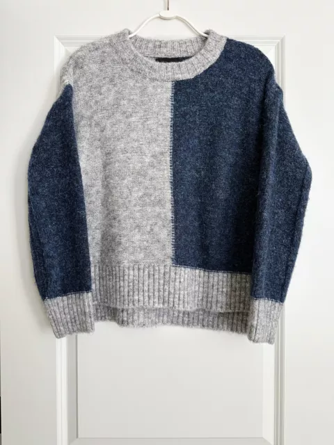 Line & Dot Wool Blend Colorblock Crewneck Sweater in Gray Blue Size S