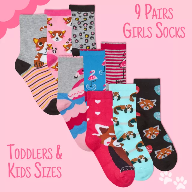 Kids Girls 9 Pairs Cotton Rich Novelty Toddler Socks Animal Crew Sock Cat Bundle