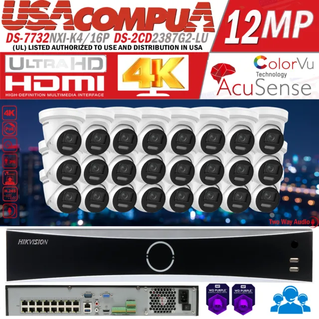 Hikvision 32CH 16POE NVR 8MP DS-2CD2387G2-LU Security Camera System ColorVu Lot