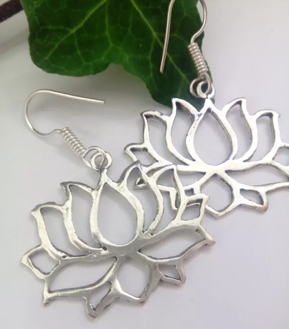 Lotus drop earrings ethnic hippy Indian  flower silver plate jewellery gift hip