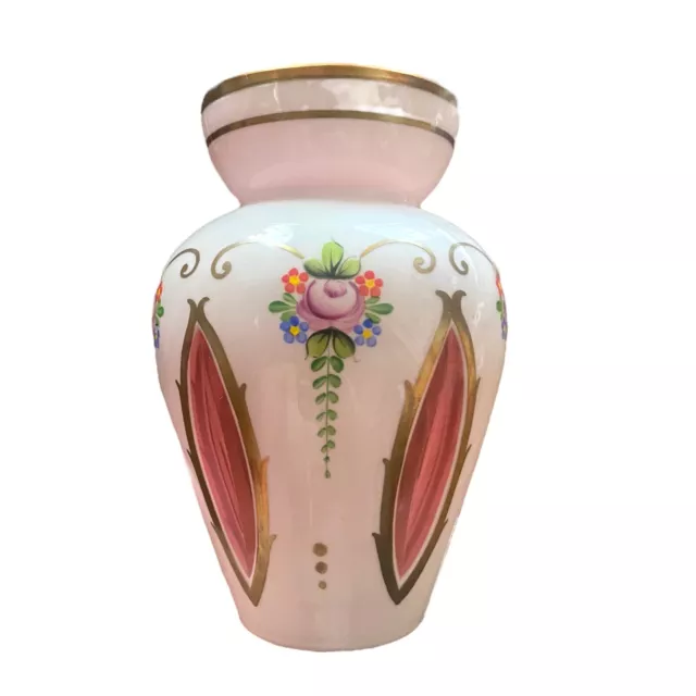 Czech Bohemian Cased Glass Vase White Cut to Cranberry Hand Painted Flowers 6”