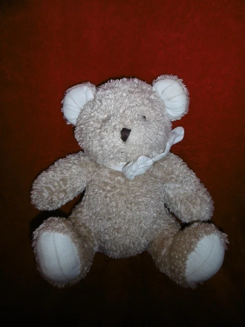 Doudou Cades Peluche Ours Assis Beige Et Blanc Echarpe Rayée Grise Etat Neuf