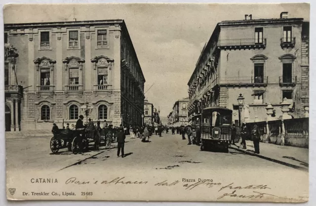 Cartolina Catania piazza Duomo tram animata negozi carrozza paesaggistica T14