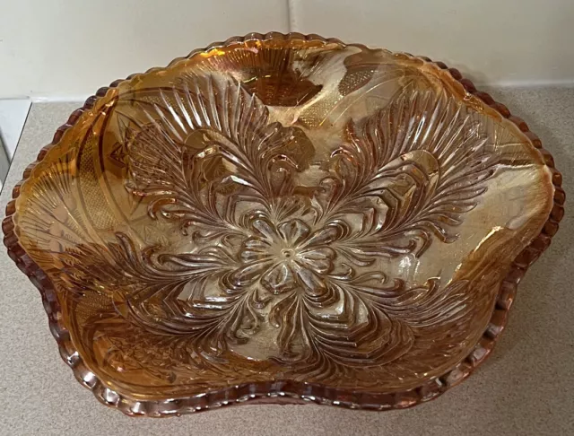 Orange Amber Carnival Glass Fruit Bowl Dish Pearlescent Iridescent 26.5cm 10.4in