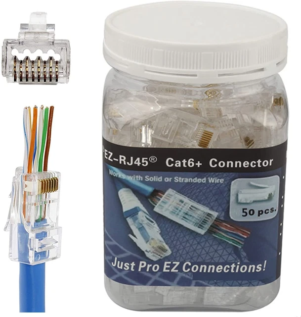 RJ45 CAT6A CAT6 Pass through Connectors 23 AWG Cables 50Pack End Bold