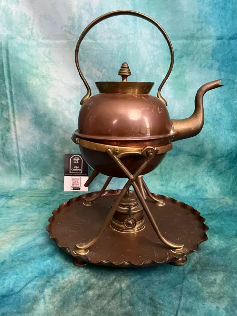 William Soutter Arts & Crafts Copper and Brass Spirit Kettle, Stand and Burner -