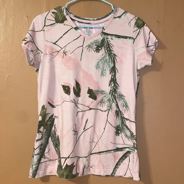Realtree Womens M 8-10 Chest 37 Pink Camo V-Neck Short Sleeve Shirt