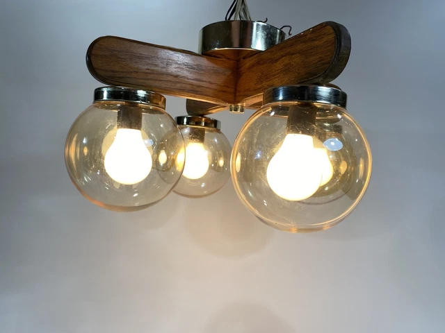 Vintage Mid Century 3 Globe Chandelier Gold Art Deco Fixture Clear Glass Ball
