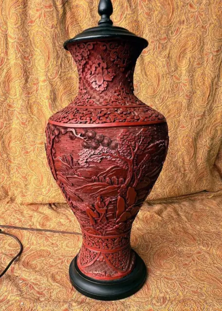 Antique Old Asian Chinese China Deep Carved Red Cinnabar Lacquer Vase Urn Lamp